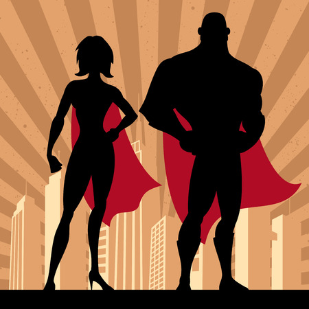 Square banner of male and female superheroes. No transparency and gradients used.