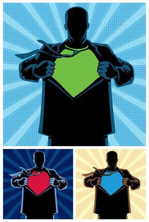 Silhouette of superhero under cover with copy space for your logo on his chest. 3 different color versions. No transparency and gradients used.のイラスト素材