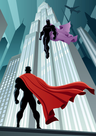 Superhero facing supervillain. No transparency used. Basic (linear) gradients. A4 proportions.のイラスト素材