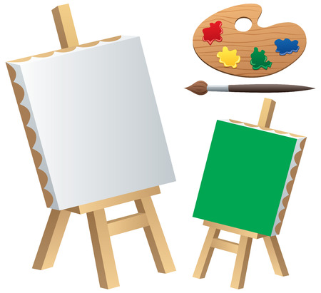 Cartoon illustration of canvas, easel, paintbrush and palette isolated on white background. There is a version of the canvas in green color, so you can easily replace it with your own image. No transparency used. Basic (linear) gradients.のイラスト素材