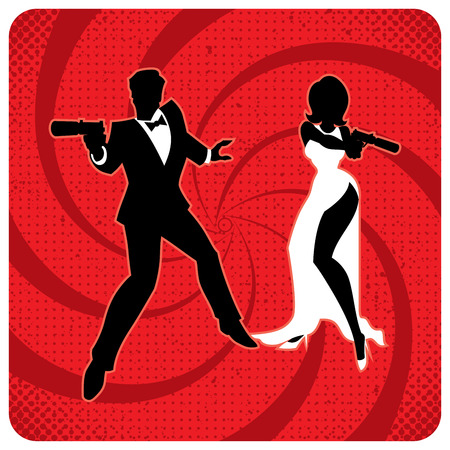 Silhouettes of spy couple over abstract background. No transparency and gradients used.のイラスト素材