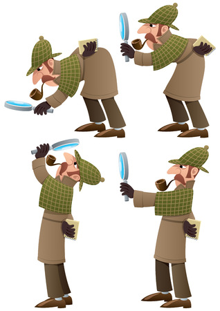 Set of 4 illustrations of cartoon detective. No transparency used. Basic (linear) gradients.のイラスト素材