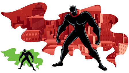 Abstract illustration of superhero and city. No transparency used. Basic (linear) gradients. Version with green cape for custom double exposure included.のイラスト素材
