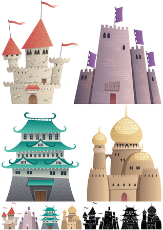 Set of cartoon castles on white background in 3 versions: One with gradients, other without gradients, and still other with silhouettes.のイラスト素材