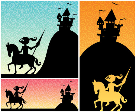 Set of cartoon banners with knight and castle silhouettes, and copy space for your text.のイラスト素材