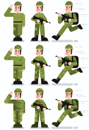 Flat design illustration of soldier in 3 poses and 3 color versions.のイラスト素材
