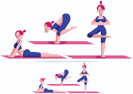 Flat design of young woman doing yoga. 3 poses and 2 color versions.のイラスト素材