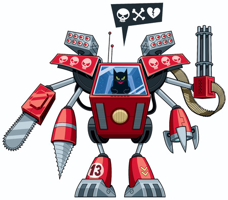 Black cat operating robot in full battle gear.のイラスト素材