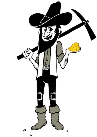 Hand drawn clip art illustration of gold digger holding gold nugget and pickaxe. のイラスト素材