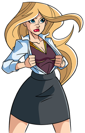 Illustration of businesswoman revealing her true identity of powerful superheroine.のイラスト素材