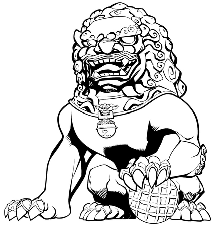 Hand drawn illustration of Chinese lion in black and white.のイラスト素材