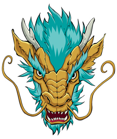 Hand drawn illustration of Chinese dragon in gold and sea green.のイラスト素材