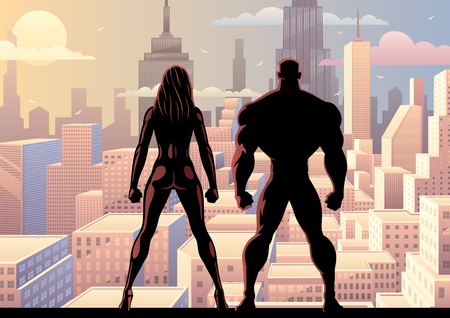 Superhero couple watching over the city during the day.のイラスト素材