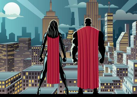 Superhero couple watching over the city at night.のイラスト素材