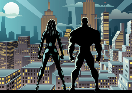 Superhero couple watching over the city at night.のイラスト素材