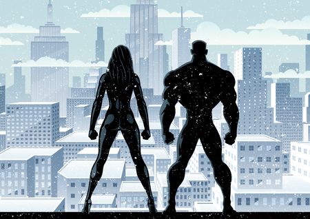 Superhero couple watching over the city in the snow.のイラスト素材