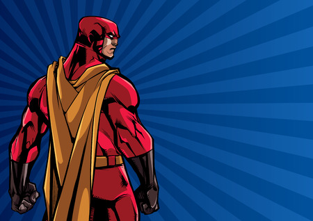 Comics style illustration of powerful superhero standing on ray light background.のイラスト素材
