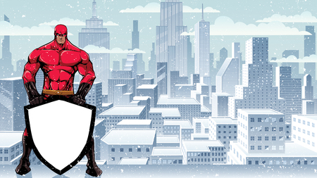 Illustration of powerful superhero holding big shield on winter city background.のイラスト素材