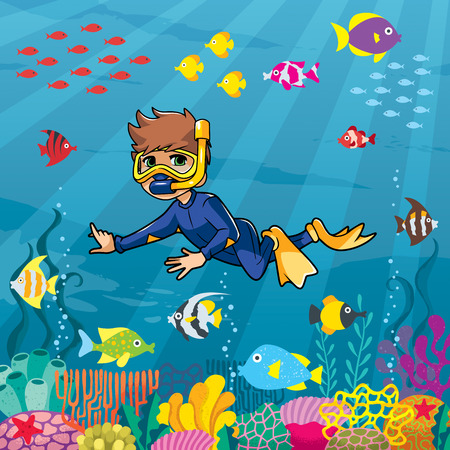 Illustration of little boy wearing diving mask, swim fins and neoprene suit while snorkeling in coral reef.のイラスト素材
