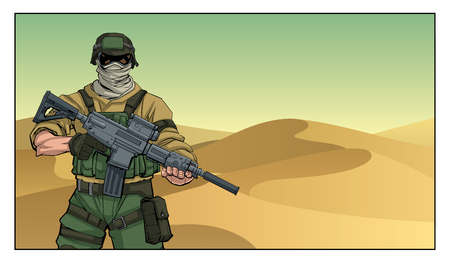 Illustration of masked soldier on a mission in the desert.のイラスト素材