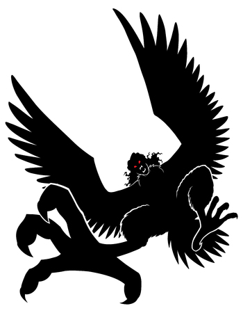Illustration of ferocious cartoon harpy silhouette isolated on white background.のイラスト素材