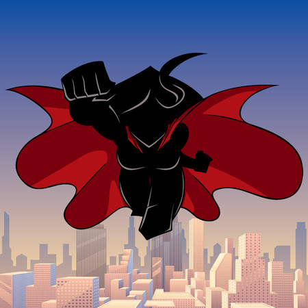 Front view silhouette illustration of determined and powerful superheroine wearing red cape while flying over city.のイラスト素材