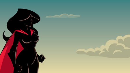 Cartoon Silhouette illustration of determined and powerful superheroine against sky background for copy space.のイラスト素材