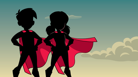 Silhouette illustration of superhero children wearing capes against sky background for copy space.のイラスト素材
