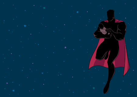Silhouette illustration of superhero dad flying in outer space and holding his cute newborn baby in his arms.のイラスト素材