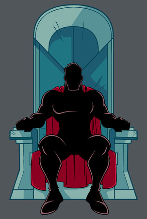 Front view silhouette illustration of cartoon man with cape, sitting on an iron throne as a positive concept for power and leadership isolated on grey background for copy space.のイラスト素材