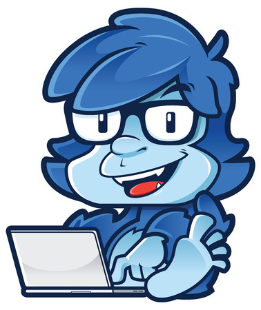 Cartoon monster working or playing on his laptop and isolated on white background.のイラスト素材