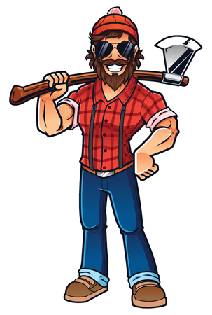 Mascot illustration of smiling lumberjack, standing and holding his axe.のイラスト素材