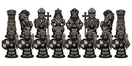 Full set of black cartoon chess piece characters, including pawn, rook, knight, bishop, queen and king.のイラスト素材