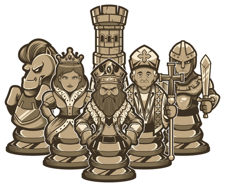 Concept illustration depicting strong and united team of cartoon chess piece characters, including pawn, rook, knight, bishop, queen and king at the front.のイラスト素材