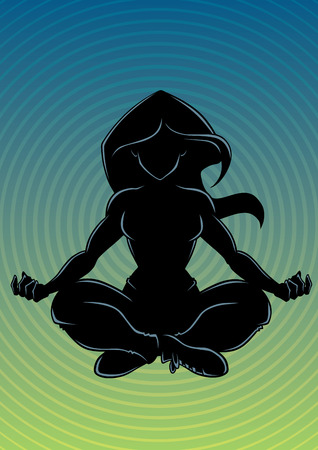 Silhouette front view of a fit woman sitting in lotus position while meditating during yoga exercise on abstract background with copy space.のイラスト素材
