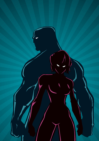 Silhouette superhero couple standing back to back on abstract background.のイラスト素材