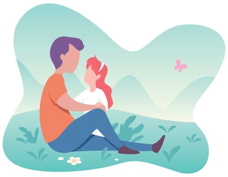 Flat design illustration of happy father and daughter having fun outside and on white background.のイラスト素材