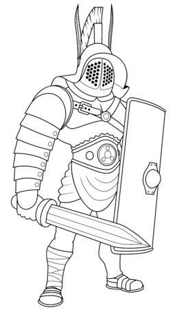 Illustration of Roman gladiator in full battle gear, in black and white for coloring.のイラスト素材