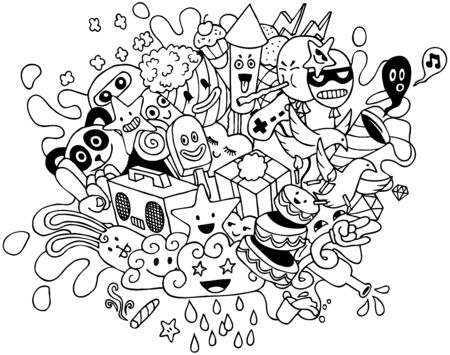 Conceptual illustration with hand drawn party doodle.のイラスト素材