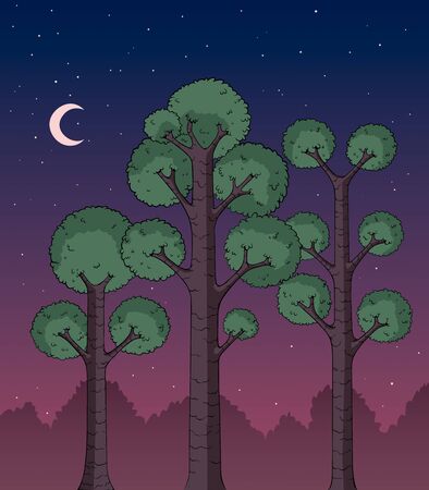 Cartoon illustration of a dark forest at night.のイラスト素材