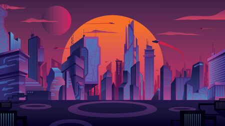 Beautiful cityscape with futuristic city at sunset.