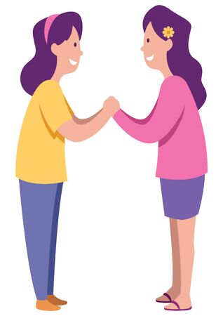 Cartoon illustration of 2 sisters enjoying the company of each other over white background.のイラスト素材