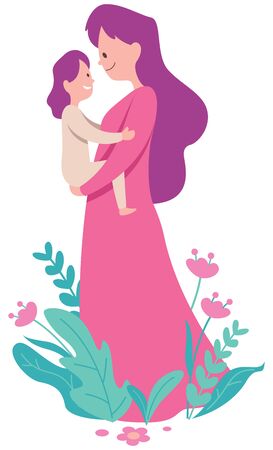 Flat design illustration of mother and her little daughter on white background.のイラスト素材