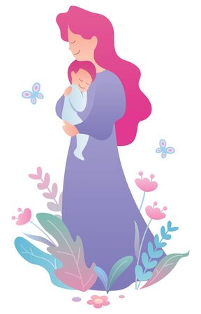 Flat design illustration of mother and child on white background.のイラスト素材