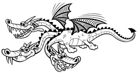 Cartoon three-headed dragon in black and white for coloring.のイラスト素材