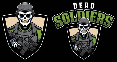 Dead soldier mascot. Military person skeleton in camouflage uniform, badge, patch design. Warrior with weapon isolated design element on black background. Combat skull hand drawn print.のイラスト素材