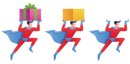 Superhero bringing something. Man in costume carrying parcel isolated cartoon characters set. Guy in cloak holding gift box flat vector illustrations pack. Fast delivery, courier services.のイラスト素材