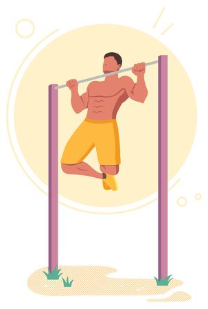 Flat design illustration with male character doing pull-ups on horizontal bar outdoors, on a hot summer day.のイラスト素材