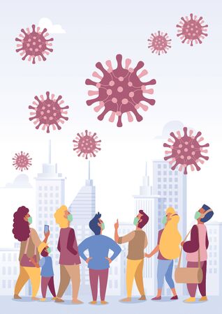 Flat design of a crowd of people looking up at viruses or germs and wearing masks in preparation for epidemic.のイラスト素材