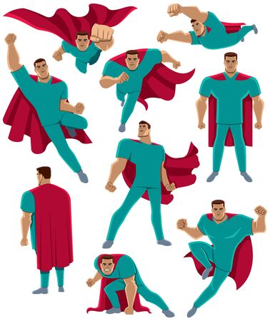 Set with cartoon superhero medical doctor or registered nurse, in different poses.のイラスト素材